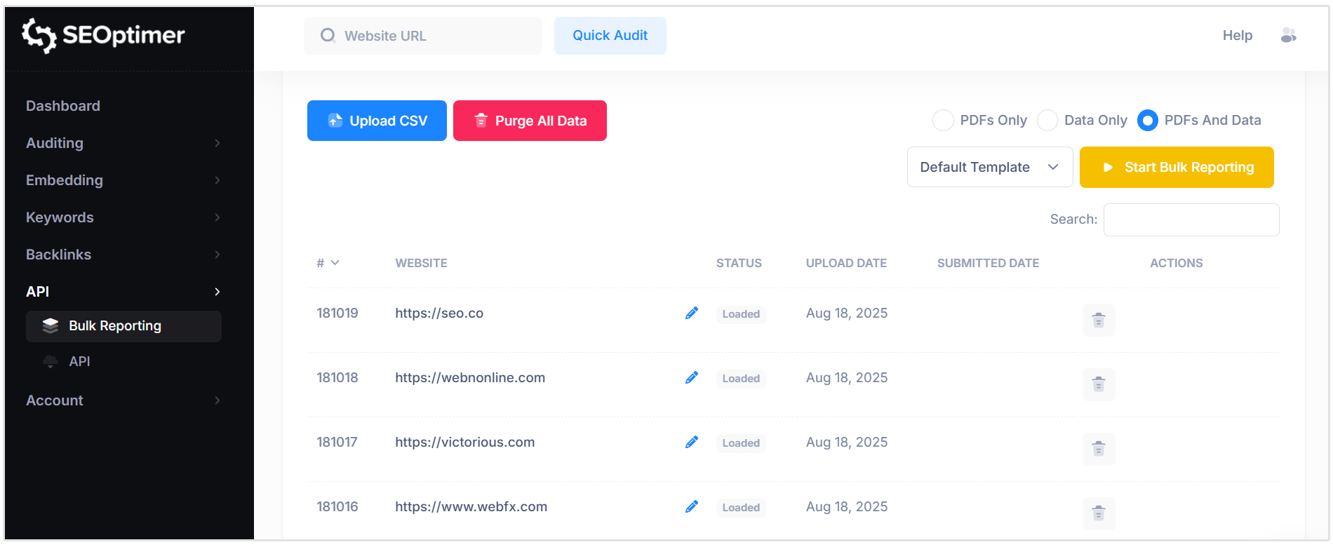 SEOptimer bulk reporting upload screen